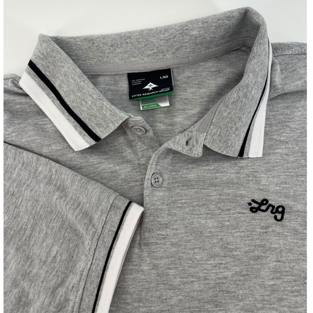 LRG Polo Shirt Mens 2XL Gray Short Sleeve Striped Trim Embroidered Logo